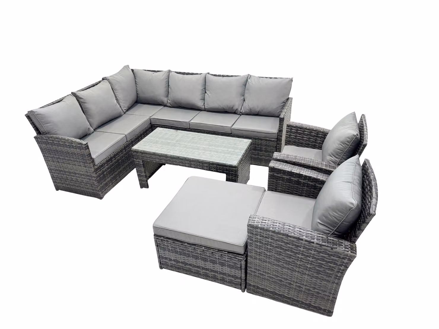 Fimous 9 Seat Poly Rattan L-Shape Corner Sofa Set with Ottoman and 2 Chairs in Dark Grey – 2
