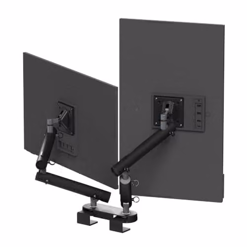 Miro Dual Monitor Arm Desk Mount in Black, VESA Compatible Double Monitor Stand with C-Clamp and Adjustable Gas Spring Arms for 17–32 inch Screens – 1
