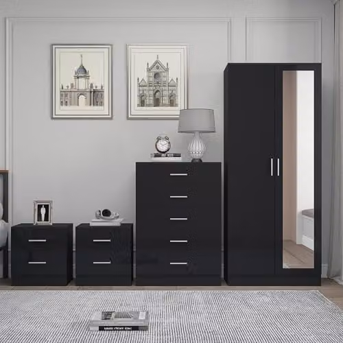 Reflect Modern Bedroom Furniture Set in Black Gloss and Black Oak Finish featuring 2 Door Mirror Wardrobe, 5 Drawer Tallboy Chest and 2x 2 Drawer Bedside Tables – 2