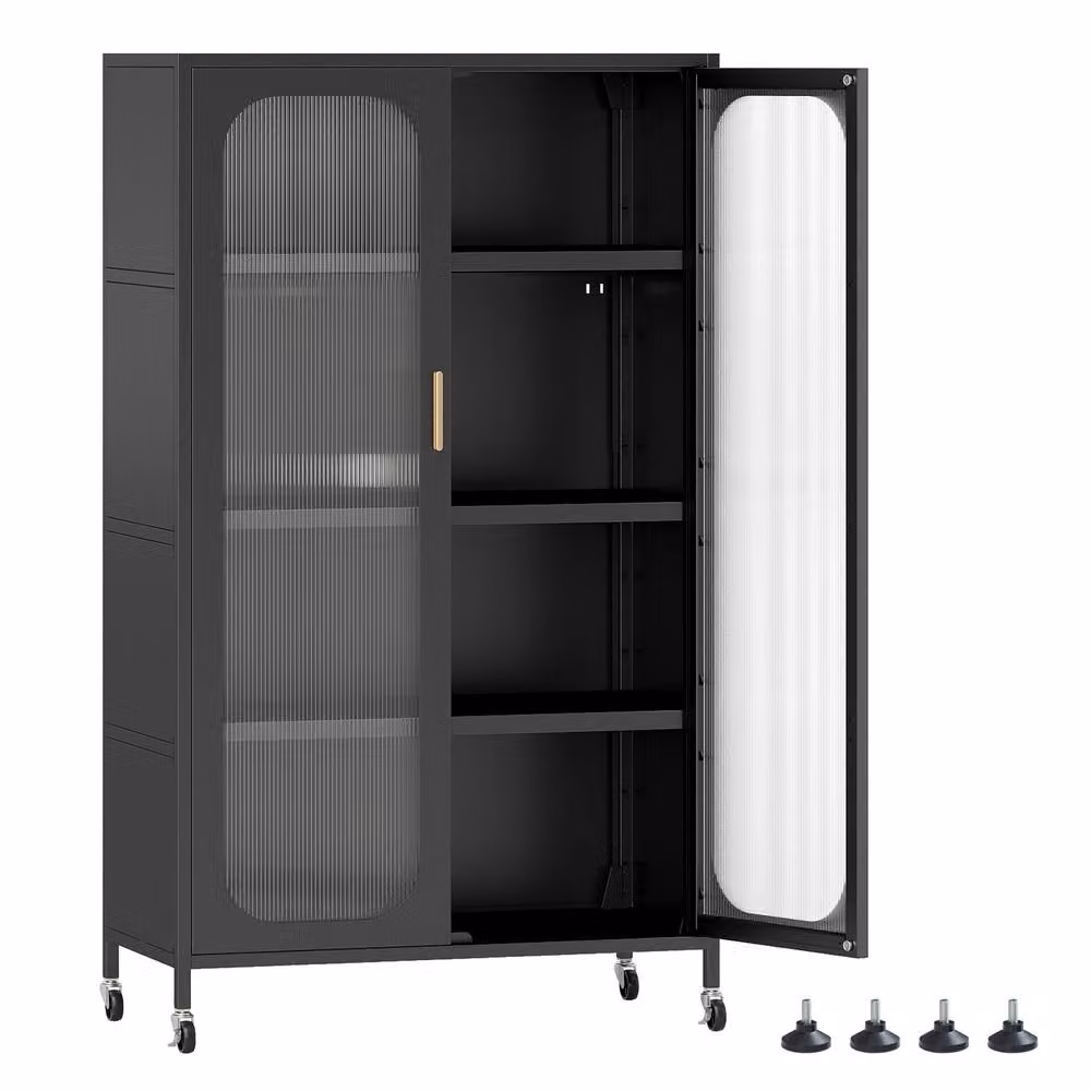 Gymax 5-Tier Tall Kitchen Pantry Cabinet with 2 Hinged Doors and Wheels in Black – 8