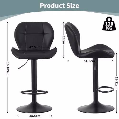 mcc direct Stella Set of 2 Black Faux Leather Swivel Bar Stools with Backrest and Metal Base – 3