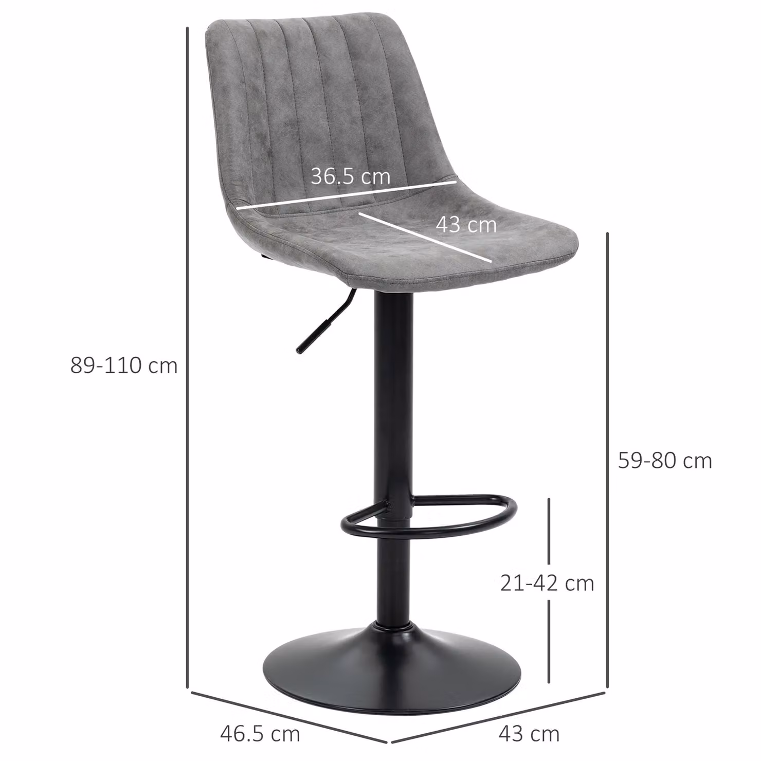 HOMCOM Set of 2 Grey Microfibre and Synthetic Leather Swivel Bar Stools with Metal Frame and Footrest – 4