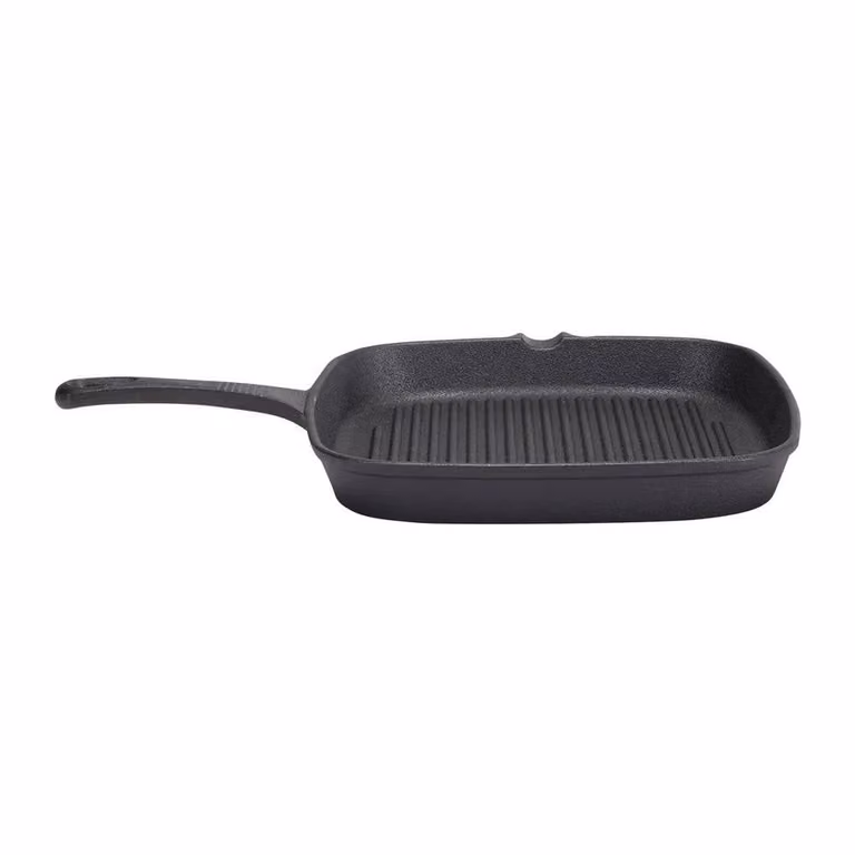 FORGEVIO Uncoated Cast Iron Square Steak Frying Pan Grill with Pouring Spout in Black