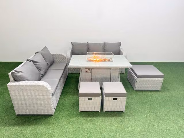 Fimous 9 Seater Wicker Rattan Garden Furniture Set with Firepit Dining Table and High Back Lounge Sofa in Light Grey