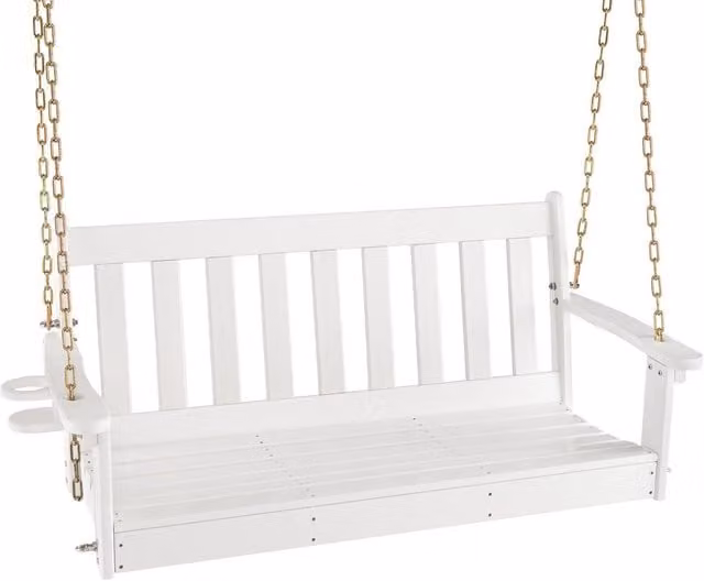 Costway 2 Person White HDPE Outdoor Porch Swing Hanging Chair with Adjustable Chains and Cup Holders