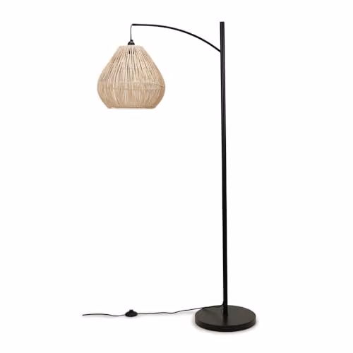 ValueLights Black Metal Curve Stem Floor Lamp with Natural Wicker Rattan Teardrop Shade, H: 157.5 cm, W: 33 cm, D: 33 cm