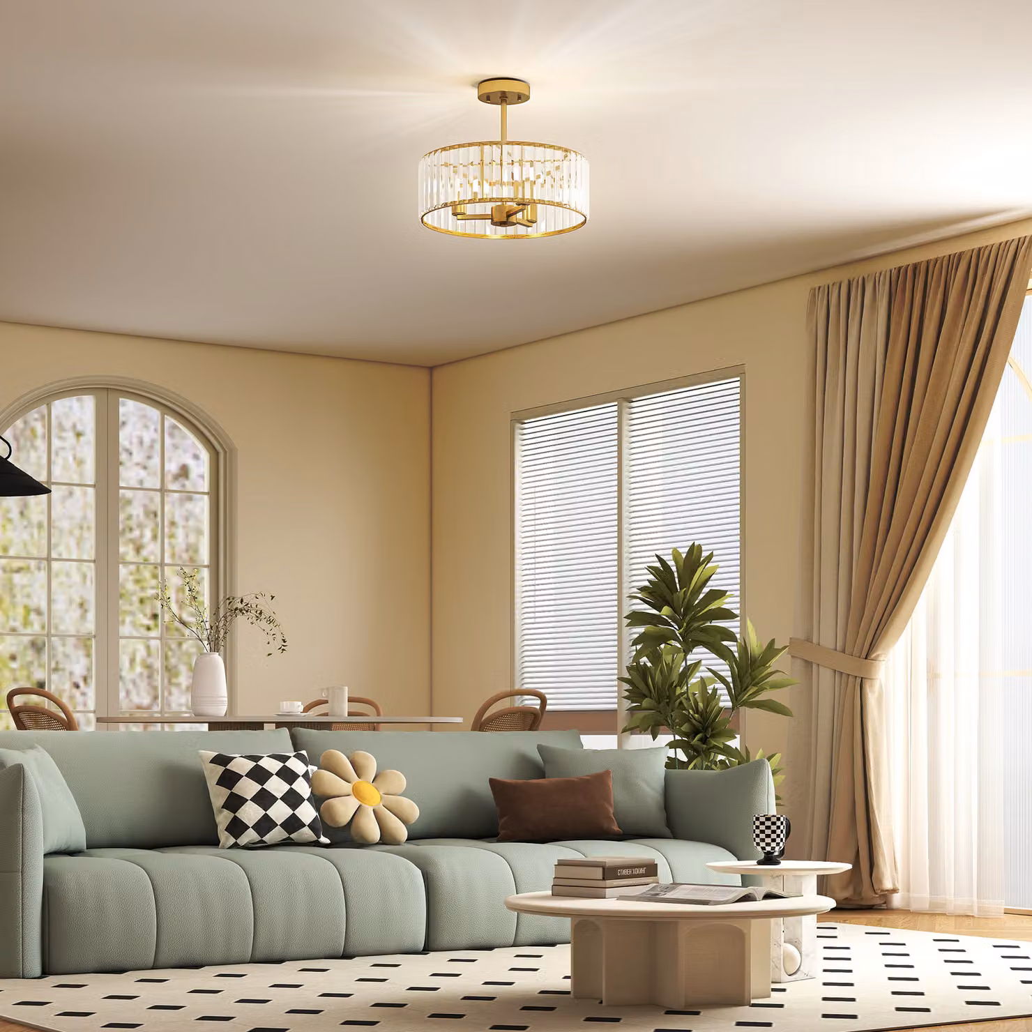 HOMCOM Modern Crystal Ceiling Light Fixture, Gold Tone Semi Flush Mount Chandelier with 3-Lights and E14 Base, W/D/H: 39 x 32 x 32 cm – 2