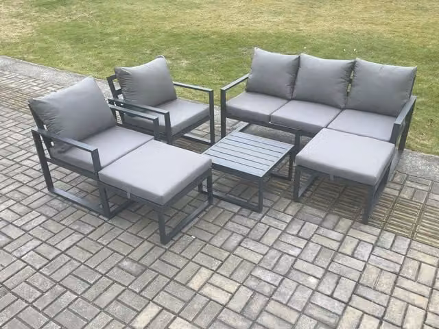 Fimous 7 Seater Outdoor Lounge Sofa Set with Coffee Table, 2 Armchairs and 2 Ottomans in Dark Grey Powder Coated Aluminium