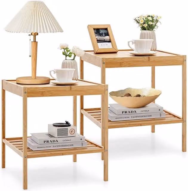VOGREX Set of 2 Bamboo Side Tables with Large Storage Shelf in Beige – 1