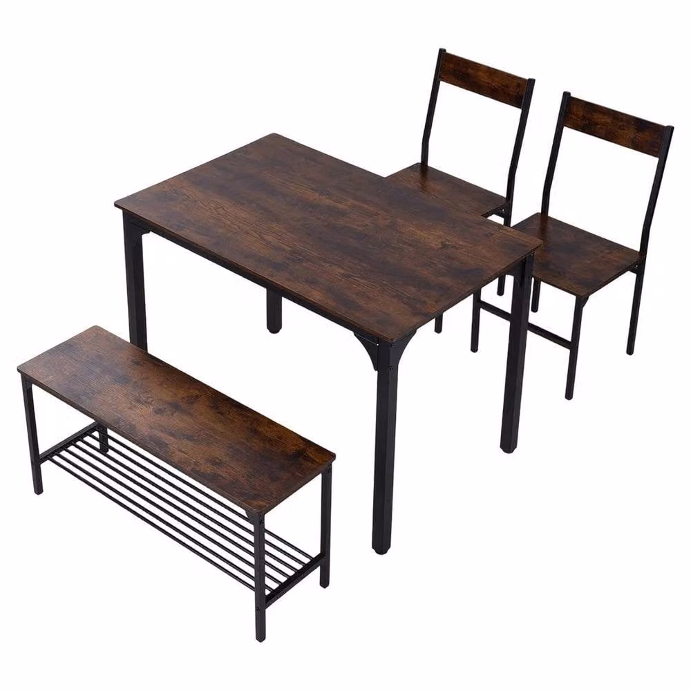 KORVIXA Industrial Dining Set with Square Wood Table, 2 Stools and 1 Bench, Brown, W/D/H: 100 x 100 x 75 cm – 3