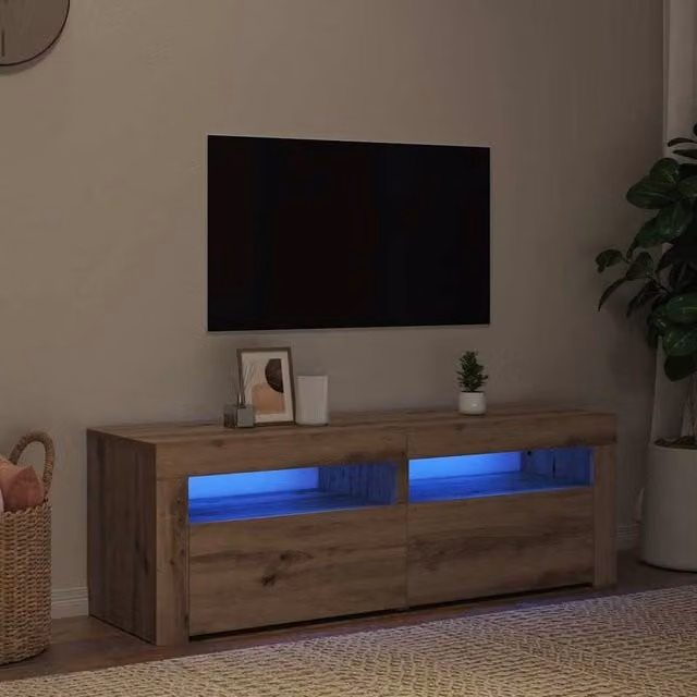 Berkfield Home Artisan Oak TV Cabinet with LED Lights in Brown, W/D/H: 120 x 35 x 40 cm – 1