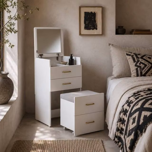Wyld Haus Yova White Compact Dressing Table and Stool Set with Mirror and Storage, W/D/H: 90 x 40 x 48 cm