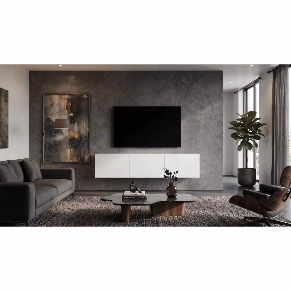 PAWNORA White Glossy Wall Mounted Floating TV Unit with 3 Cabinets, Width: 180 cm – 2