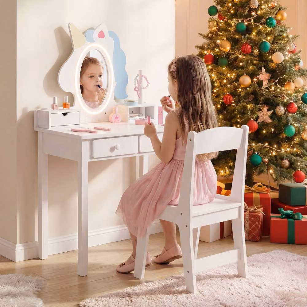 CASART Kids Vanity Set with Lighted Unicorn Mirror 2-in-1 Toddler Makeup Desk in White – 3