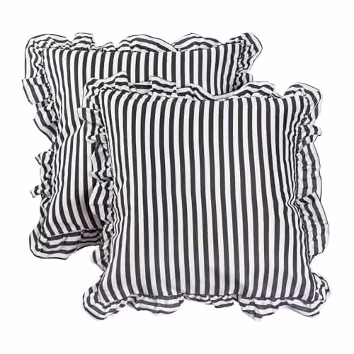 OHS Pack of 2 Striped Frill Cushion Covers, Monochrome Black and White, W/D/H: 45 x 45 x 45 cm