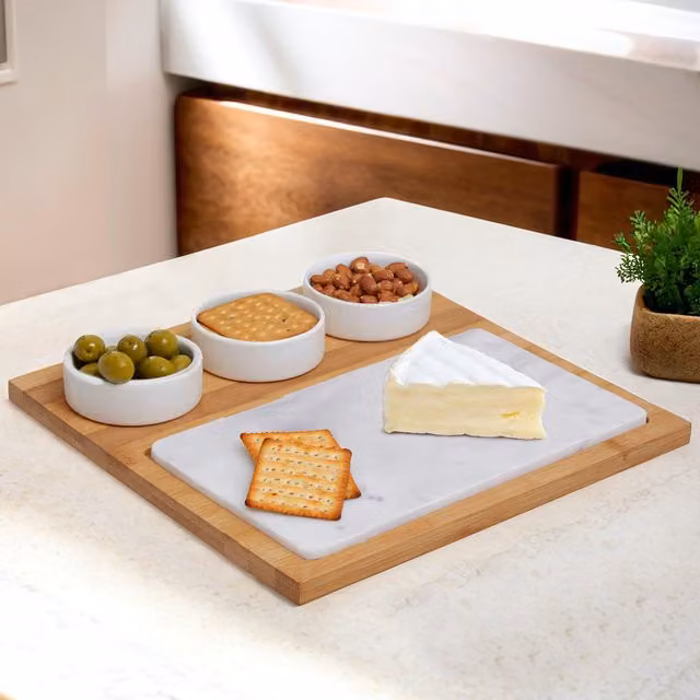 Orsina 5-Piece White Marble and Ceramic Serving Board Set with Bamboo Wood Tray – 3