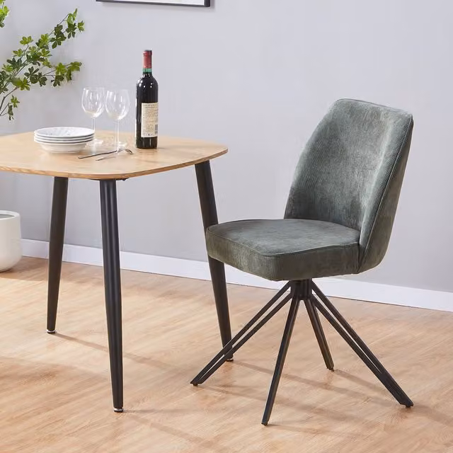 Pair of Aspen Green Cord Fabric Swivel Dining Chairs with Black Metal Legs