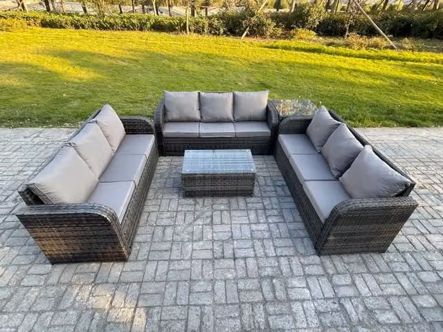 Fimous 9 Seater Rattan Lounge Sofa Set with Rectangular Coffee Table and Side Table in Dark Grey
