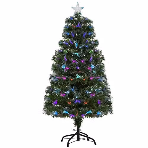 HOMCOM 4ft Green Artificial Christmas Tree with Multicolour LED Fibre Optic Lights and Metal Stand