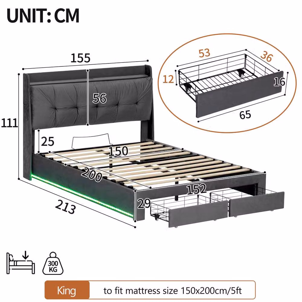 Rolipo King Size Grey Velvet Ottoman Bed Frame with LED Lighting, Storage and USB Ports, W/D/H: 180 x 200 cm – 5