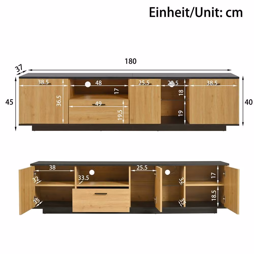 Merax Walnut TV Lowboard with Drawer, Glass Compartments and LED Lights, W: 180 cm, D: 45 cm, H: 40 cm – 3