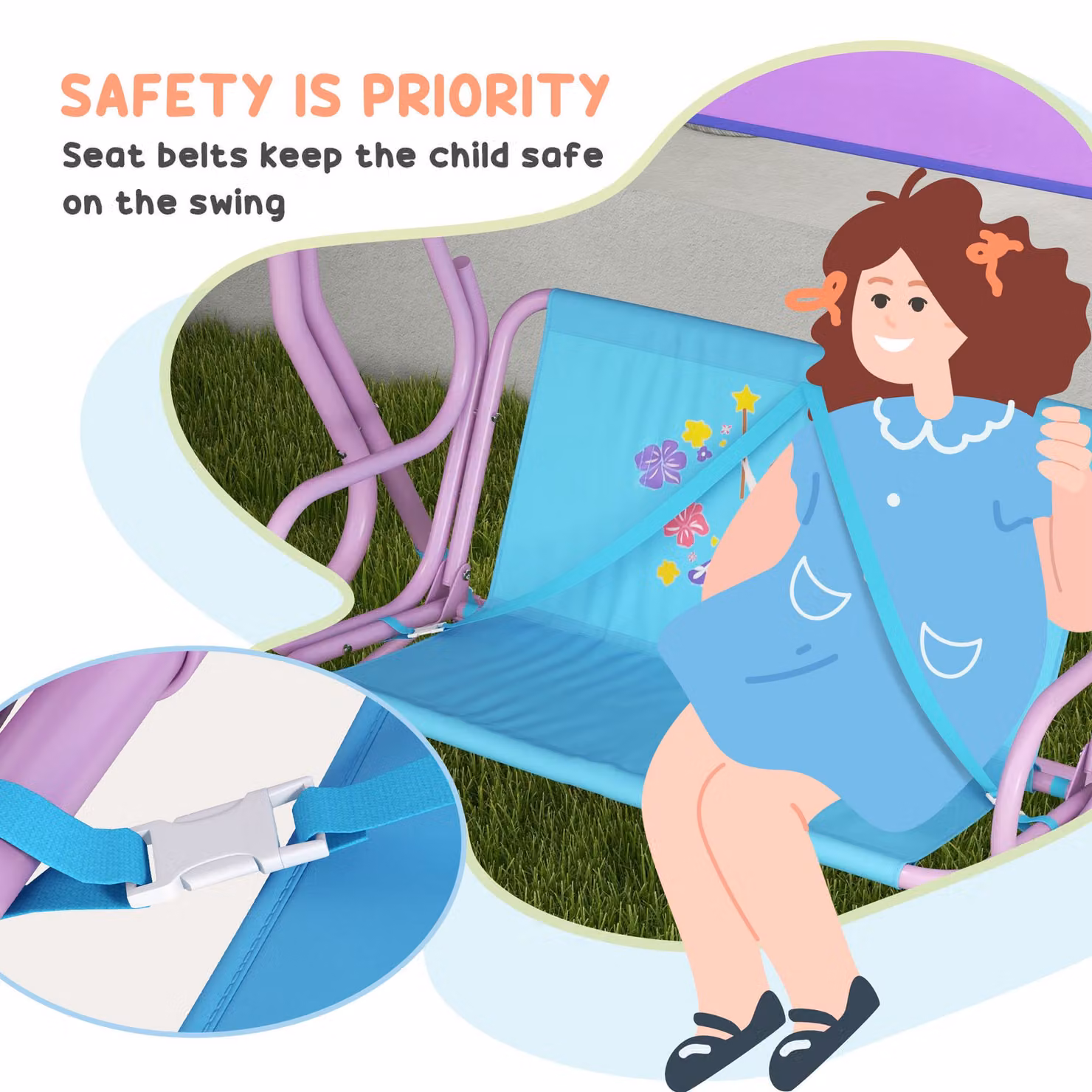 Outsunny 2 Seater Fairy Themed Kids Garden Swing Chair with Adjustable Canopy and Safety Belts – 3