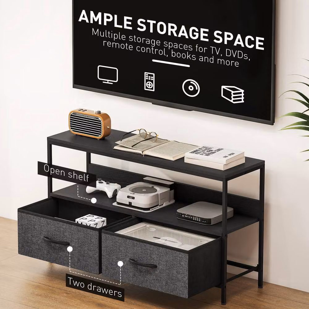 STILVORA Industrial Metal TV Stand in Matt Black with 2 Drawers and Shelf – 7