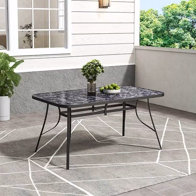 Breeins Black Marble Effect Tempered Glass Garden Table, W: 150 cm, H: 90 cm