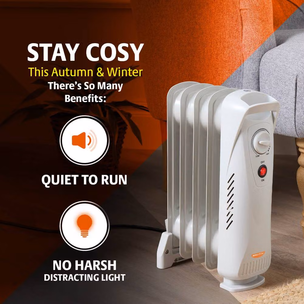 Bergstrom Mini 0.5kW Oil-Filled Radiator, Portable Freestanding Electric Heater in White – 3