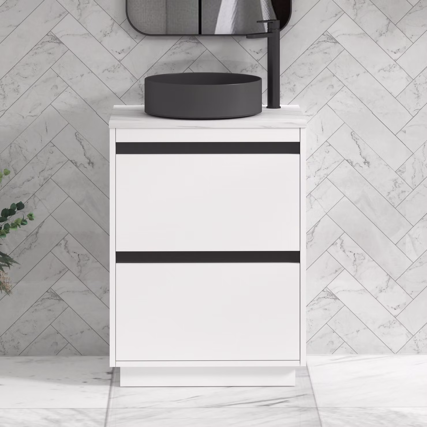 Royal Bathrooms Orion 800mm Matt White Floor Standing Countertop Vanity Unit with 2 Drawers, Art Round Basin and Black Accent Trim