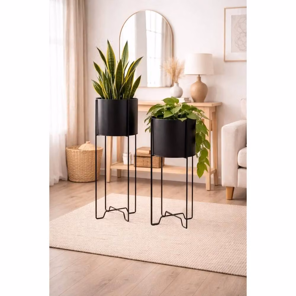 Havendro Set of 2 Modern Black Metal Round Tabletop Plant Stands – 2