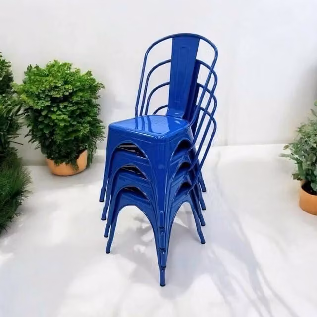 NESTLUNE Set of 3 Blue Metal Tolix Industrial Dining Chairs – 1