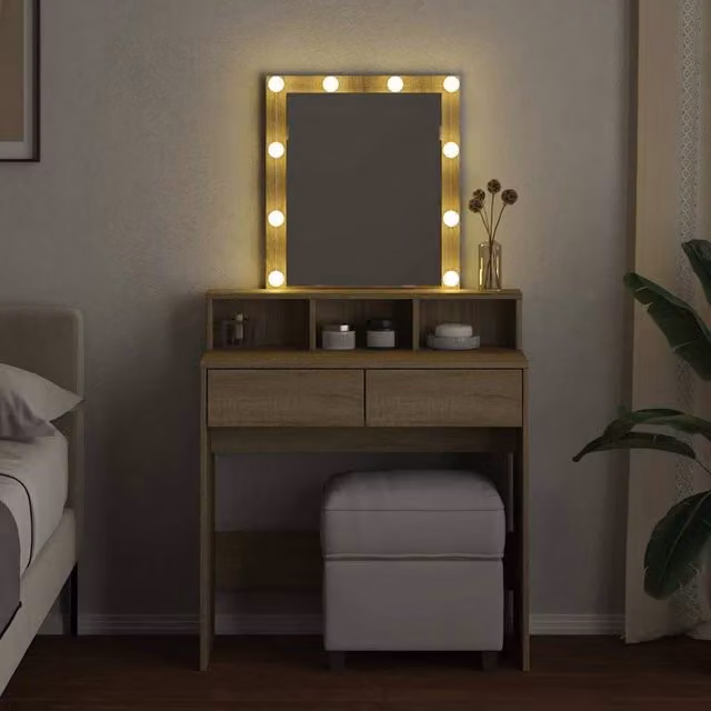Berkfield Home Beautiful Dressing Table with Hollywood LED in Sonoma Light Oak, W: 80 cm, D: 41 cm, H: 144.5 cm