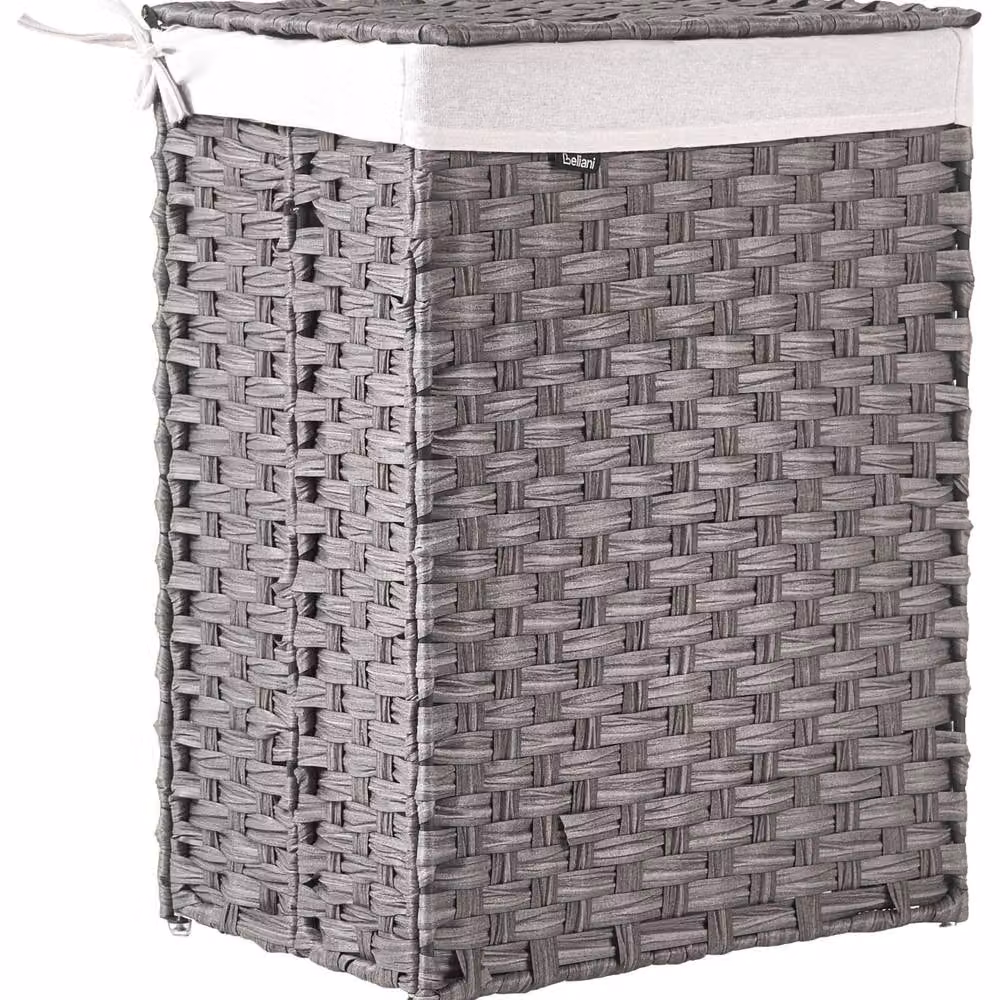 Wyld and Coco Braided Grey Fabric Laundry Basket with Lid and Removable Bag, 83L – 2