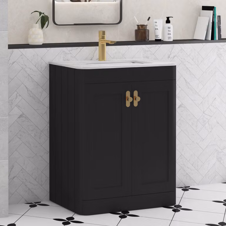 Royal Bathrooms Henley 600mm Floor Standing 2 Door Bathroom Vanity Unit in Matt Nocturne Black with Carrara White Stone Top and Brushed Brass Knob
