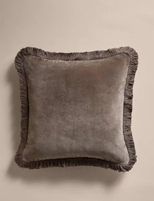 M&S Khaki Pure Cotton Velvet Fringed Square Cushion