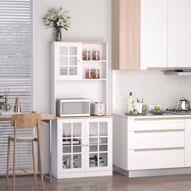 HOMCOM Modern White Kitchen Cupboard with Glass Doors and Counter Top Grid