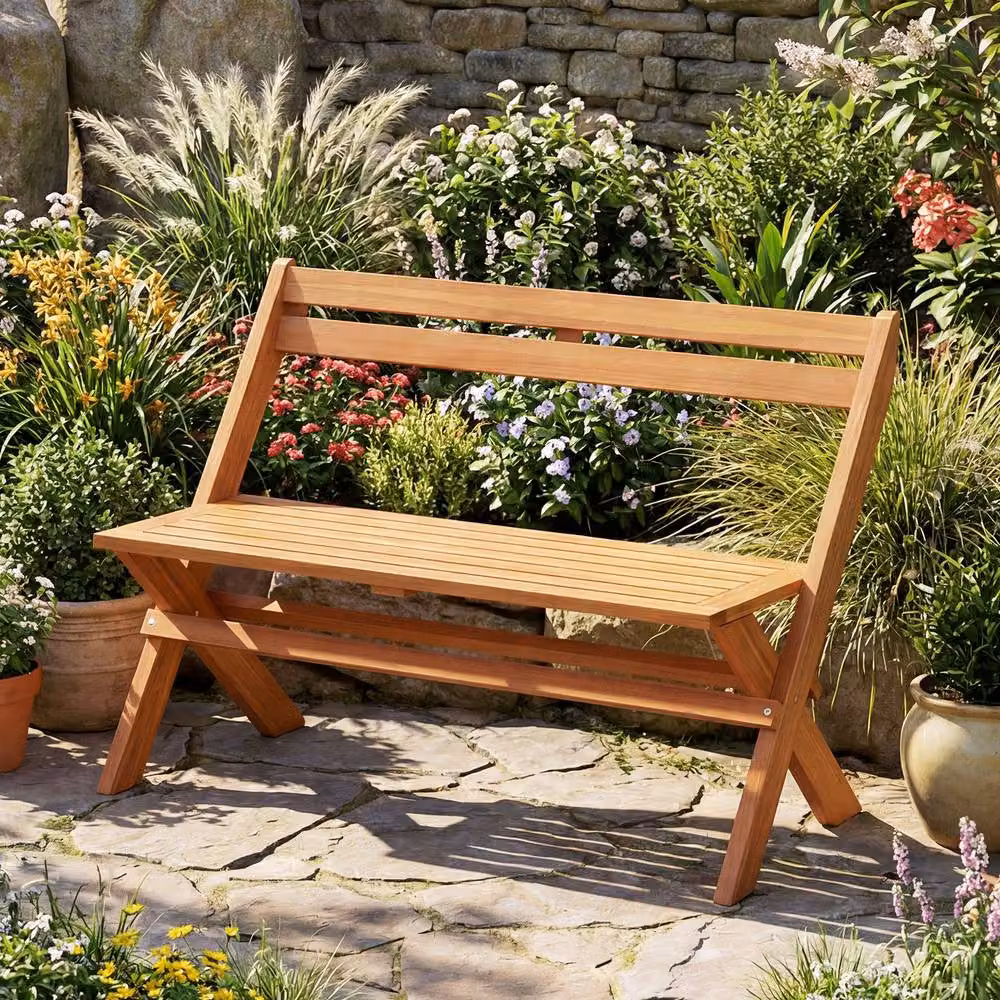 Costway Folding Acacia Wood Outdoor Bench for 2 People with Backrest and Slatted Seat in Natural Brown – 5