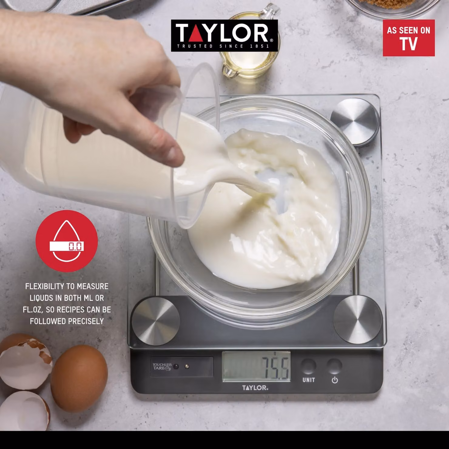 Taylor Touchless Tare Digital Dual Kitchen Scale with 14.4kg Capacity in Transparent Glass – 8