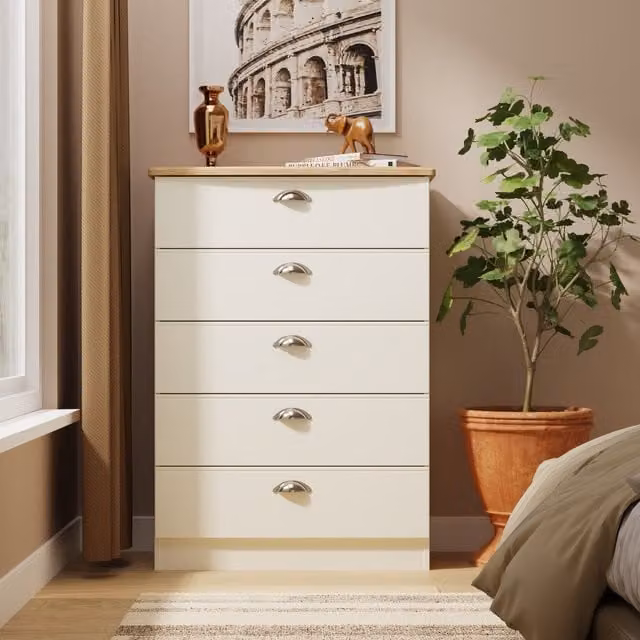 Victoria Ready Assembled 5 Drawer Chest in Cream Ash and Riviera Oak