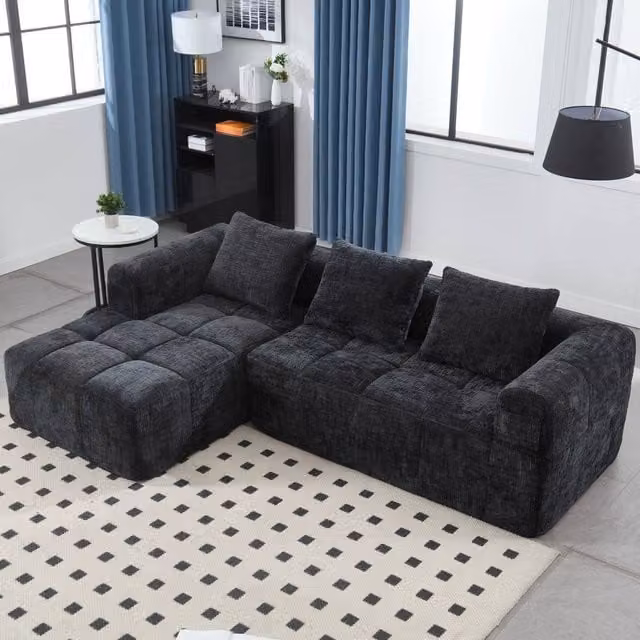 Direct Wicker Oversized Cloud Modular L-Shape Sectional Sofa in Black, 3 Seater Reversible Fabric Couch with Removable Covers and Scatter Cushions