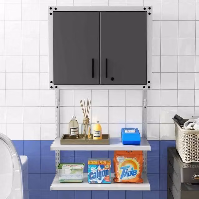 FORGEVIO Grey Metal Wall Mounted Garage Storage Cabinet with Lock and Internal Shelves