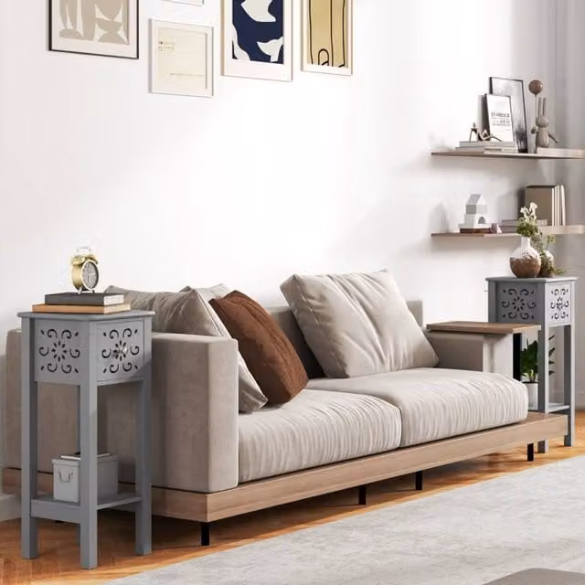 STILVORA Set of 2 Modern Grey Side Tables with Drawer and Shelf
