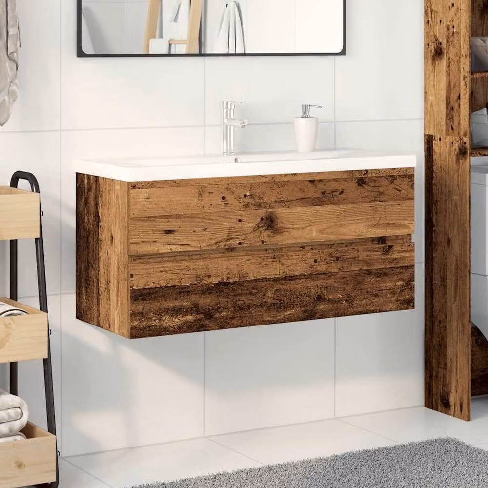 Berkfield Home Wall Mounted Rustic Sink Cabinet with Built-in Basin and Faucet in Brown Old Wood – 3