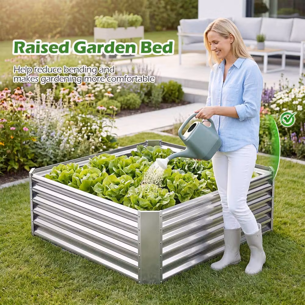 Costway Galvanised Steel Rectangular Raised Garden Bed Planter Box in Silver, W/D/H: 124 x 44.5 x 124 cm – 6