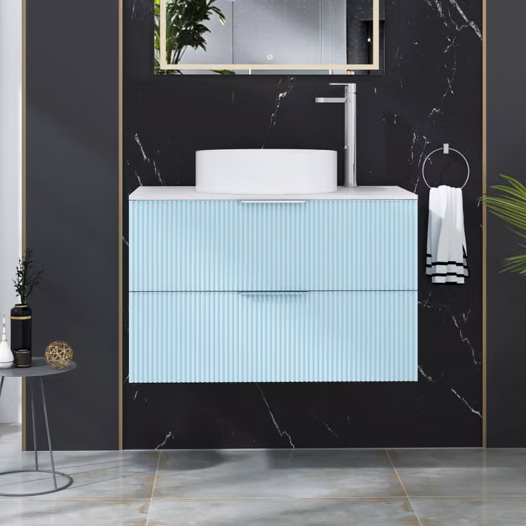 Royal Bathrooms Evora 800mm Powder Blue Fluted Wall Hung Countertop Vanity Unit with 2 Drawers and Art Basin