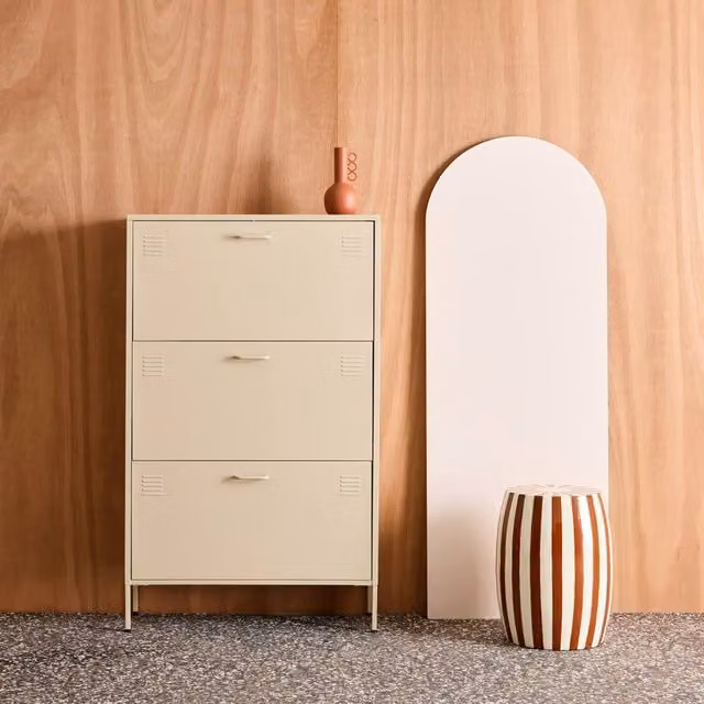 sweeek Industrial Metal Shoe Cabinet with Roll Shutter Doors in Beige – 1