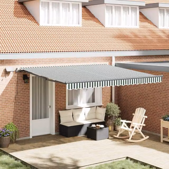 Berkfield Home Manual Retractable Wall-Mounted Awning with LED, Green and White Striped, W: 400 cm, D: 300 cm – 1