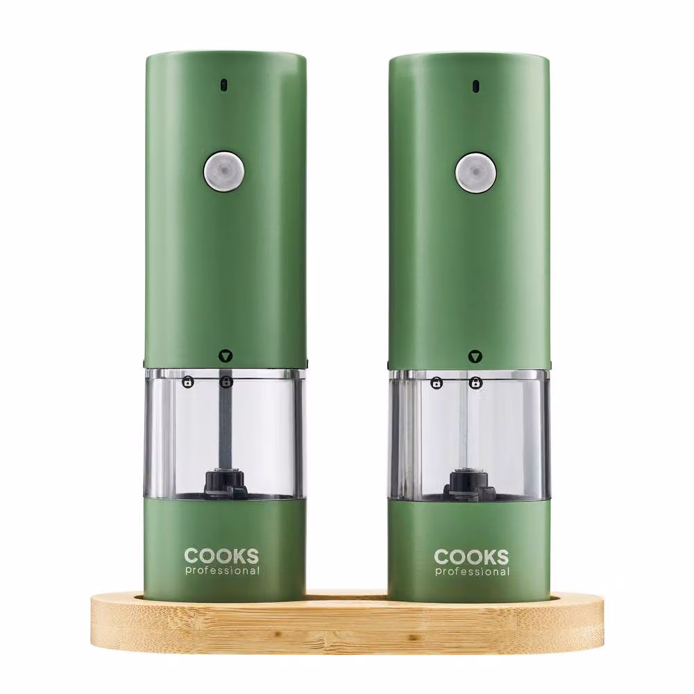 Cooks Professional Rechargeable Salt and Pepper Mill Set with Bamboo Base in Green – 3