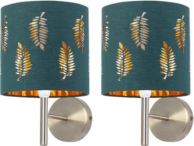 First Choice Lighting Brea Set of 2 Antique Brass Wall Lights with Green Fabric Shades